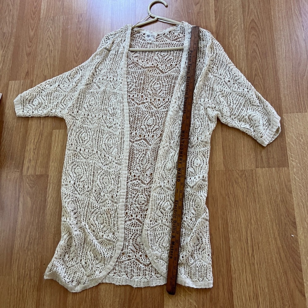 Crochet Pointelle Longline Cardigan Womens Large Cream Ivory Festival Boho Soft - Picture 7 of 14